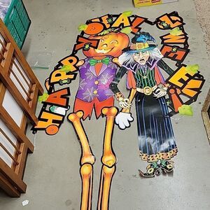Vintage posable die cut  Halloween witch, pumpkin man,  plus  banner